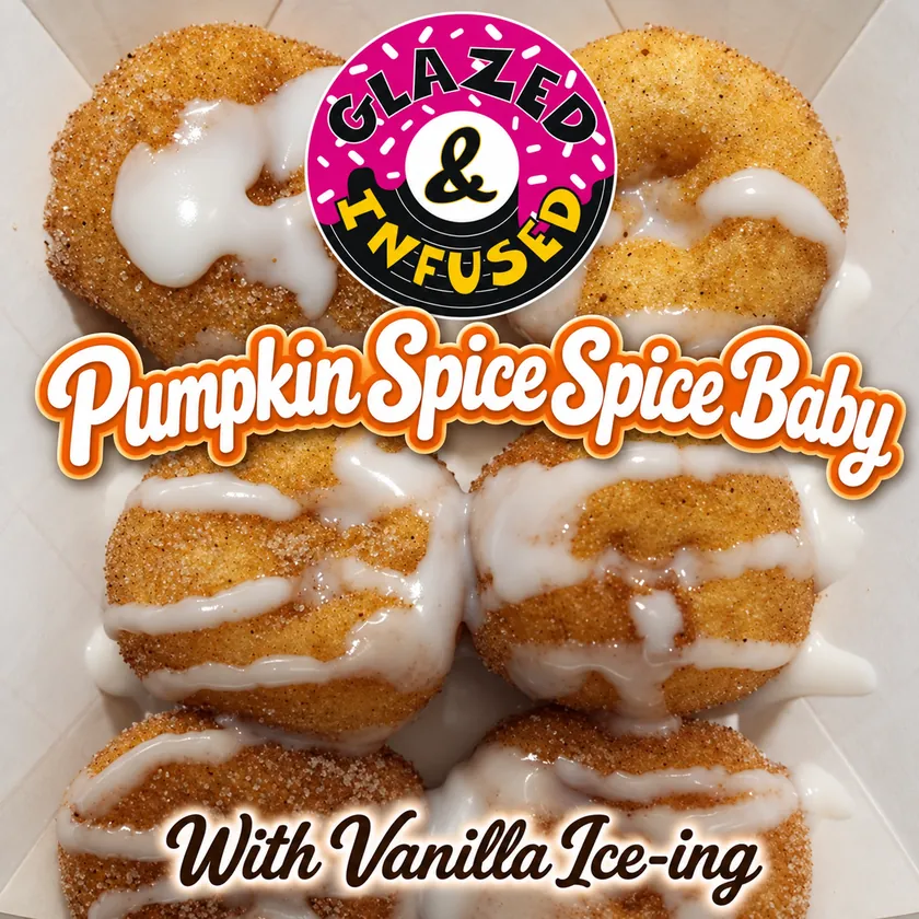 Pumpkin Spice Spice Baby with Vanilla Ice-ing, featuring the prepared mini donuts